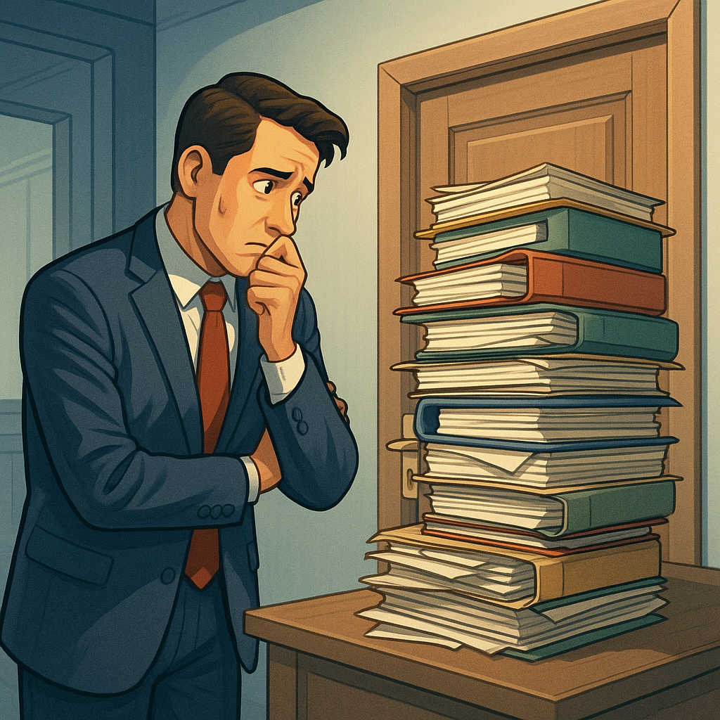 Ilustración digital de estilo semi-realista. Un empleado vestido con ropa de oficina observa con gesto ansioso una pila de carpetas apiladas frente a la puerta cerrada de un despacho. El ambiente refleja acumulación de trabajo y bloqueo de procesos. El color cálido de la luz resalta la tensión y la espera.