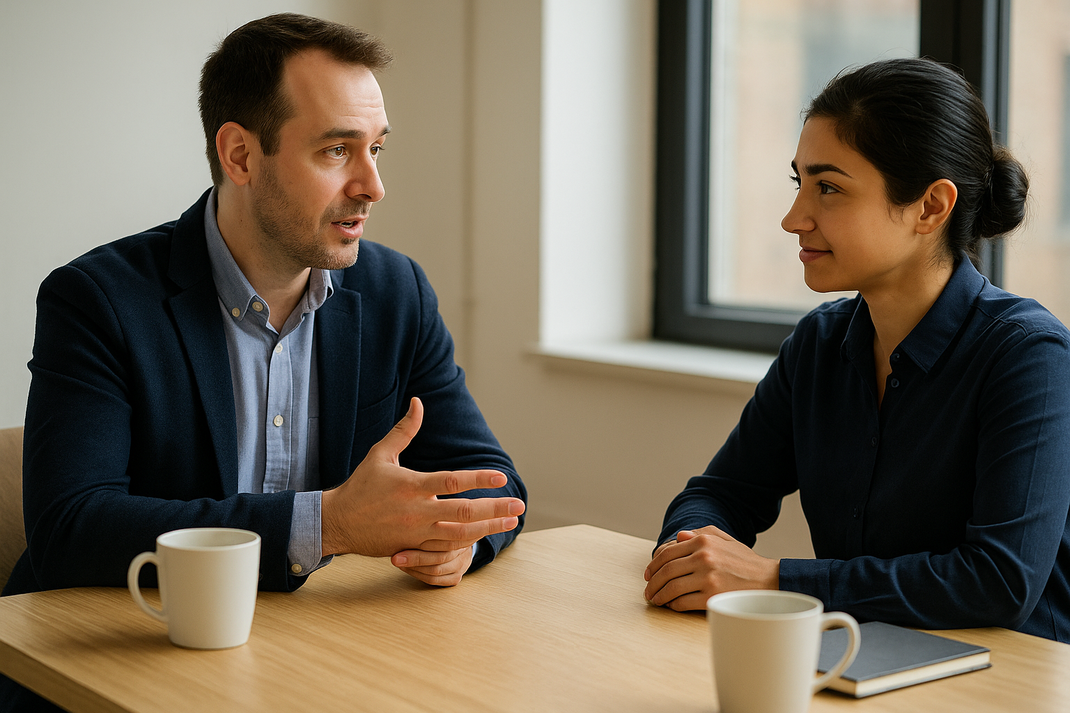 Dos profesionales conversan en una mesa de madera clara en un entorno de oficina iluminado por la luz natural de una ventana. El hombre, con saco azul marino y camisa celeste, gesticula mientras habla. La mujer, con camisa azul oscuro, lo escucha con atención y una expresión serena, transmitiendo cercanía y diálogo constructivo. Sobre la mesa hay dos tazas de café y una libreta.