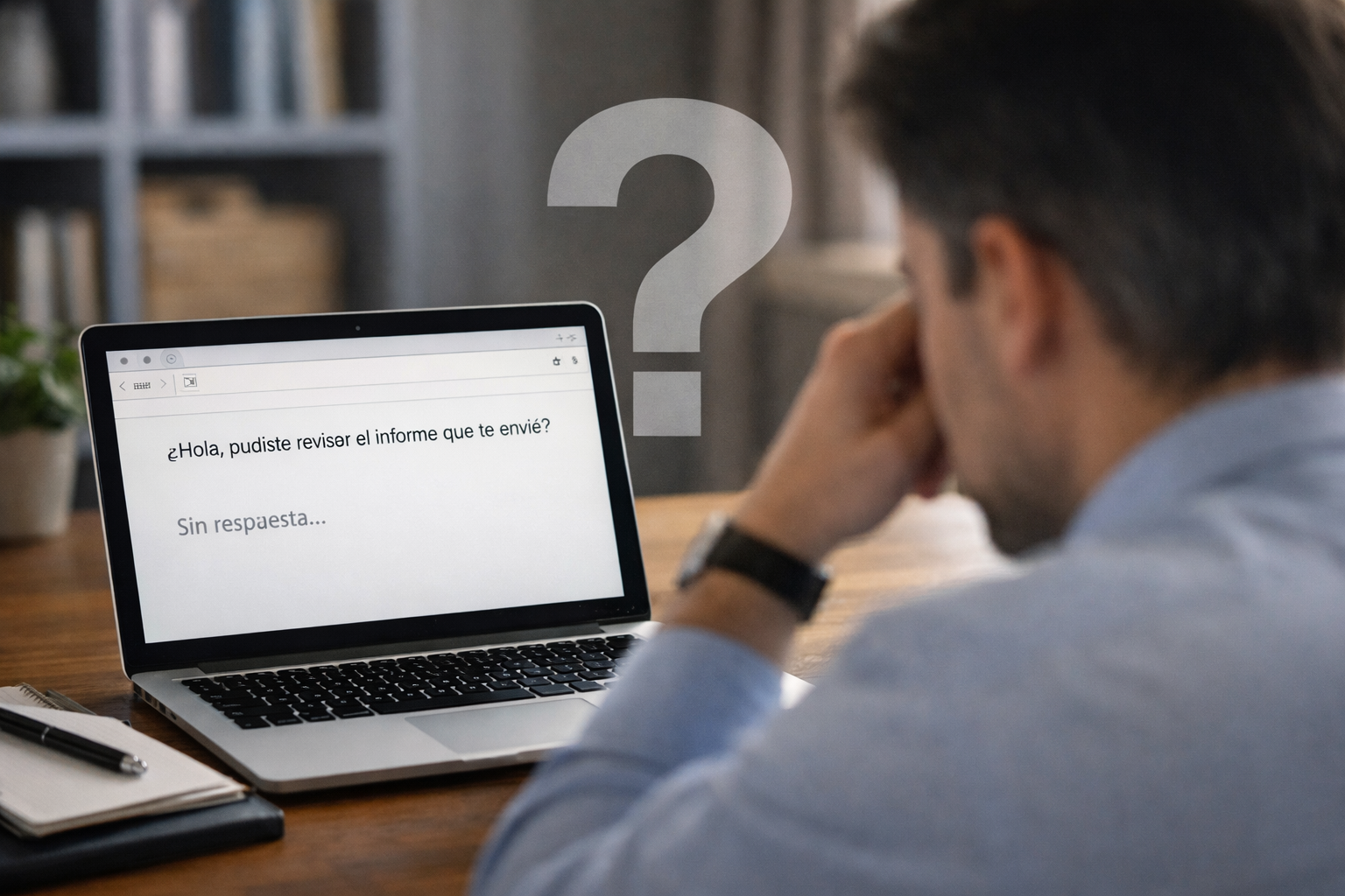 Persona sentada frente a una laptop mirando un correo electrónico sin respuesta, con un signo de interrogación superpuesto que representa la incertidumbre ante la falta de respuesta del jefe.